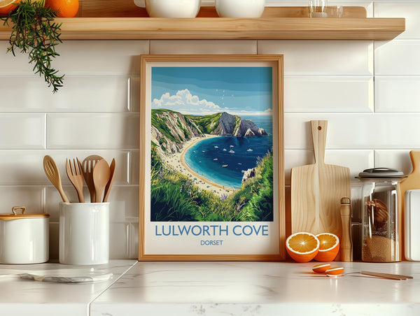 Lulworth Cove Travel Print, Travel Poster of Lulworth Cove, England, Dorset Coast Art, Dorset Gift, Wall Art Print