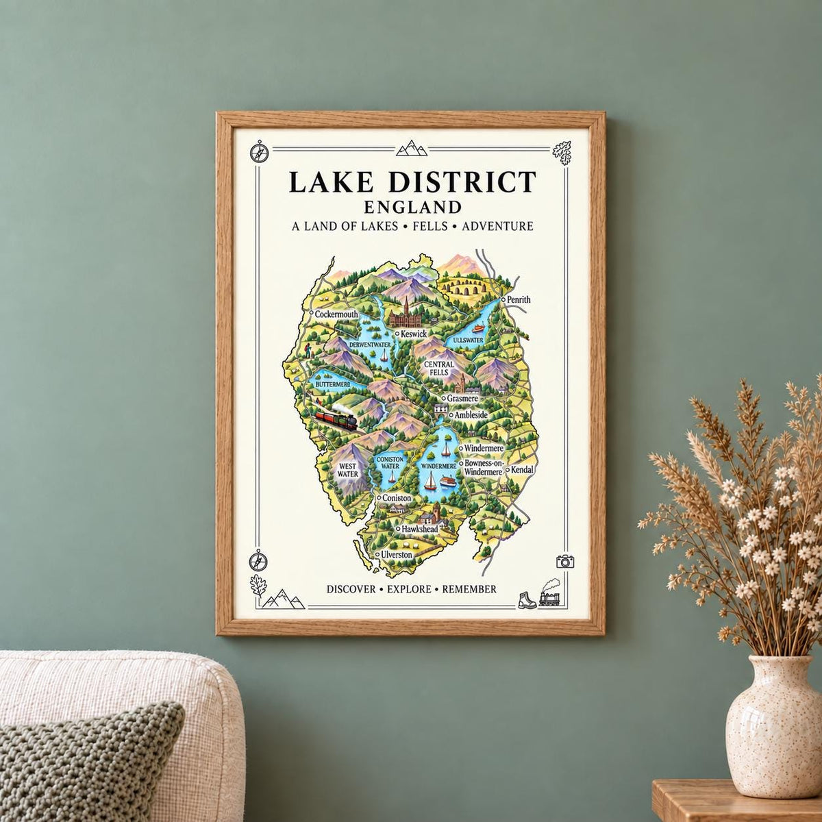 Lake District Illustrated Map Print, England Wall Art, Cumbria Map Poster, Framed or Canvas Print, Lake District Gift