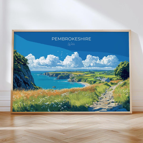 Pembrokeshire Landscape Travel Print, Travel Poster of Pembrokeshire, Wales, Pembrokeshire Art Lovers Gift, Wales Gift Art, Wall Art Print
