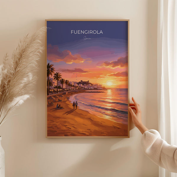Fuengirola Spain Sunset Travel Print, Costa del Sol Beach Wall Art, Seaside Promenade Poster, Spanish Coastal Illustration, Holiday Decor