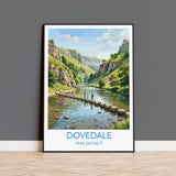 Dovedale Stepping Stones Travel Poster, Peak District Wall Art, Derbyshire Landscape Print, River Dove Illustration, UK Nature Decor