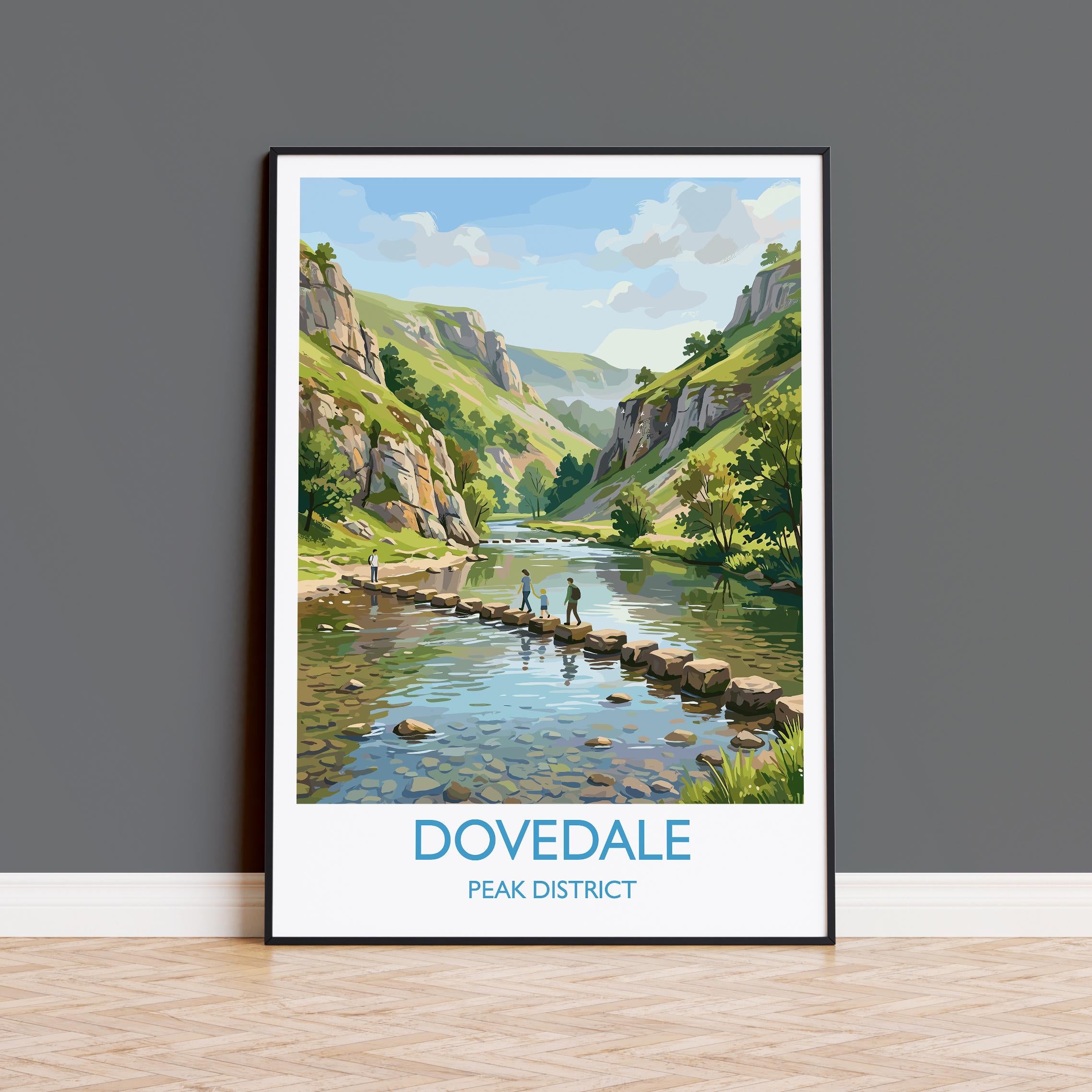 Dovedale Stepping Stones Travel Poster, Peak District Wall Art, Derbyshire Landscape Print, River Dove Illustration, UK Nature Decor