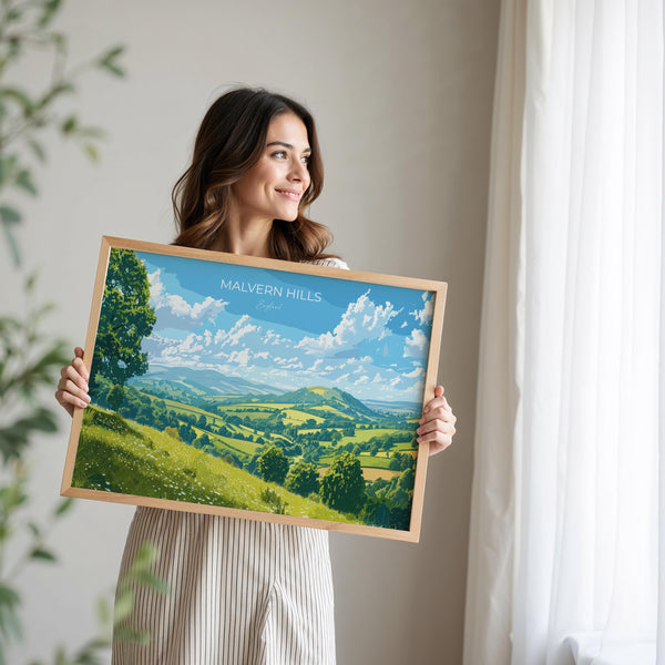 Malvern Hills Landscape Travel Poster Wall Art, Travel Print of Malvern Hills, Malvern Hills Art Lovers Gift, English Countryside