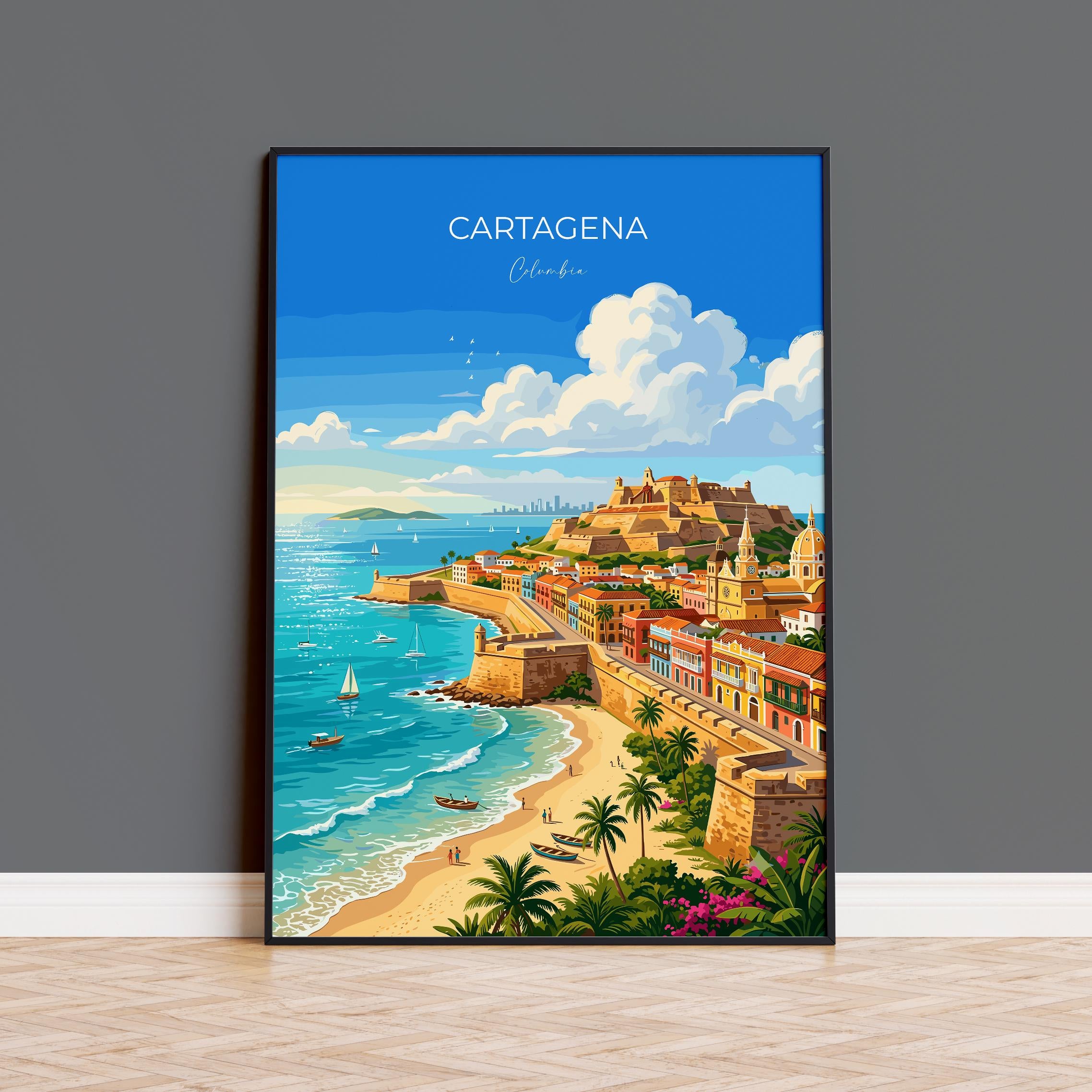 Cartagena Colombia Travel Print, Colourful Old Town Street Art, Cartagena Street Scene Poster, Caribbean Travel Wall Art, Vintage Style