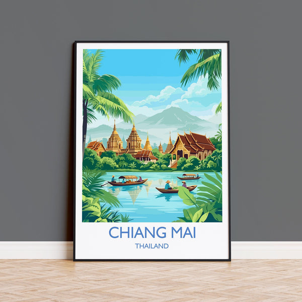 A framed poster depicting the scenic view of Chiang Mai, Thailand, with traditional buildings, palm trees, and boats on the water.