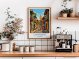 Cartagena Colombia Travel Poster, Colourful Old Town Street Art, Cartagena Street Scene Print, Caribbean Travel Wall Art, Vintage Style Art