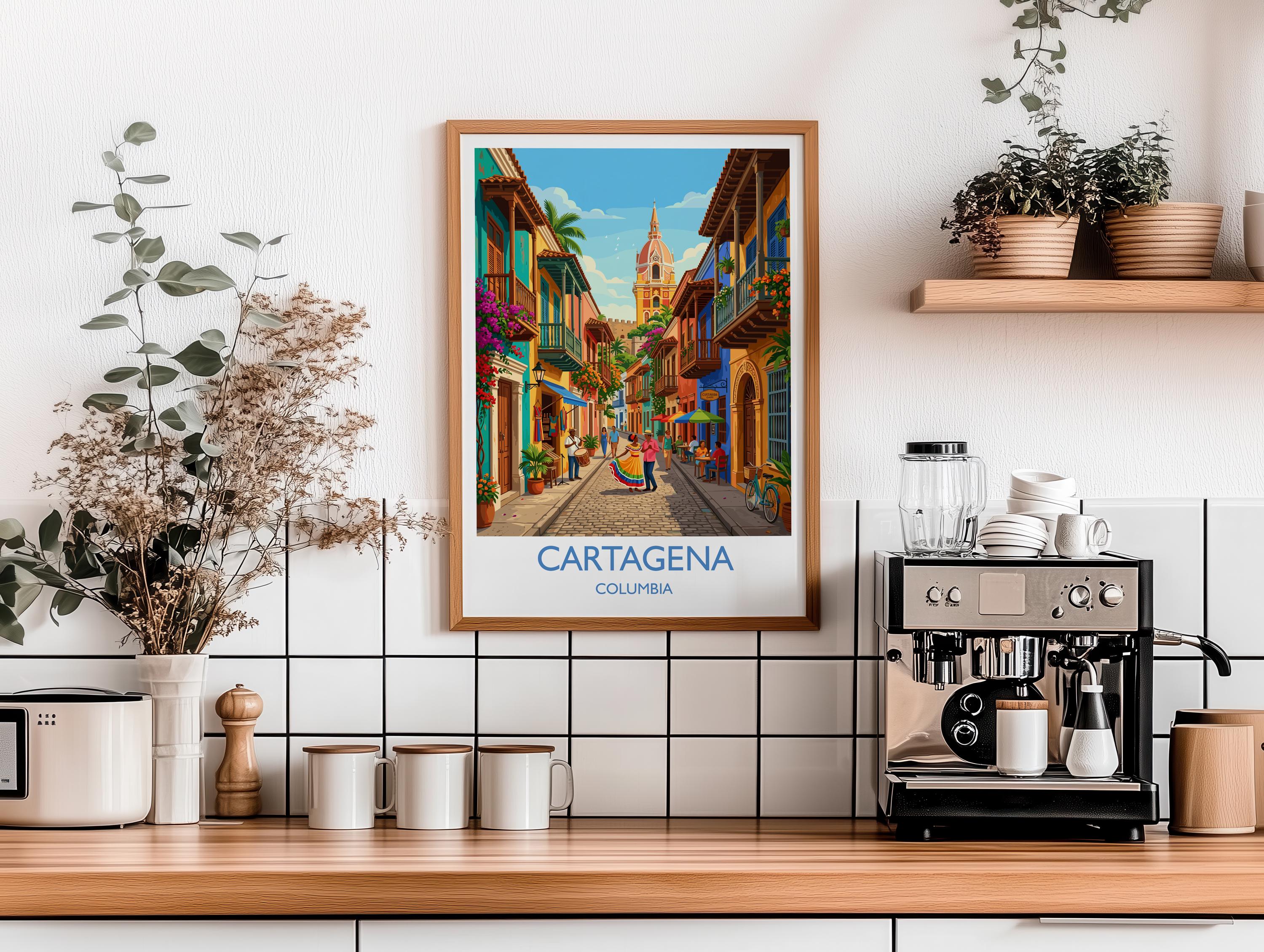 Cartagena Colombia Travel Poster, Colourful Old Town Street Art, Cartagena Street Scene Print, Caribbean Travel Wall Art, Vintage Style Art