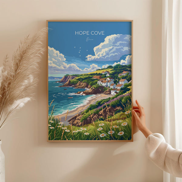 Hope Cove Travel Poster, Travel Print of Hope Cove, England, Devon Art, Hope Cove Art Lovers Gift, Wall Art Print
