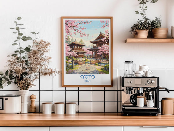 Kyoto Japan Travel Poster, Cherry Blossom Temple Wall Art, Japanese Landscape Print, Sakura Illustration, Asia Decor, Kyoto Gift