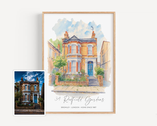 Personalised Watercolour House Portrait, Home Portrait, House Warming Gift, New Home Gift, First Home, Digital Wall Art Watercolour Decor
