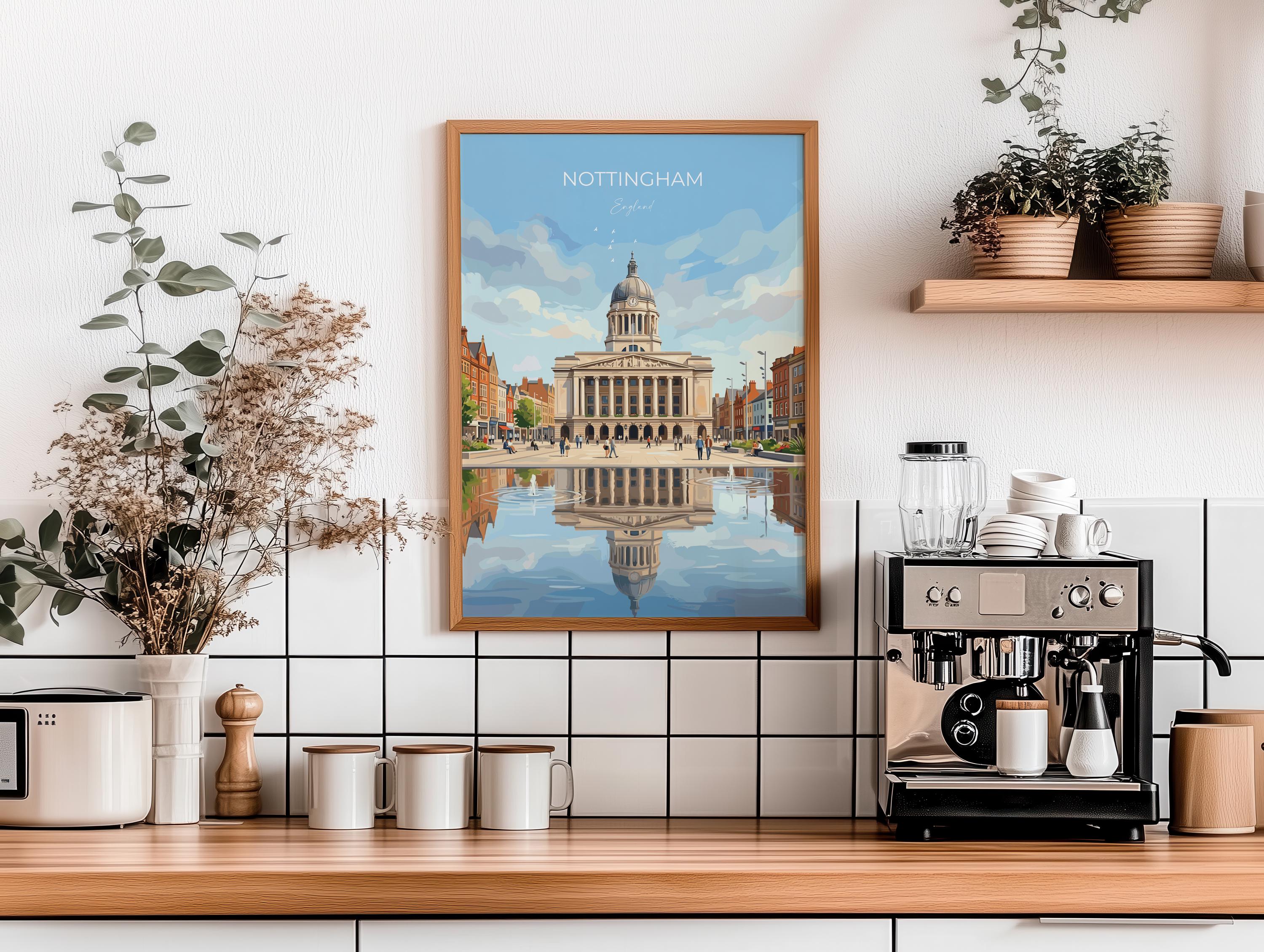 Nottingham Travel Print, Exchange Building Wall Art, Old Market Square Poster, Nottingham City Illustration, UK City Decor, Nottingham Gift