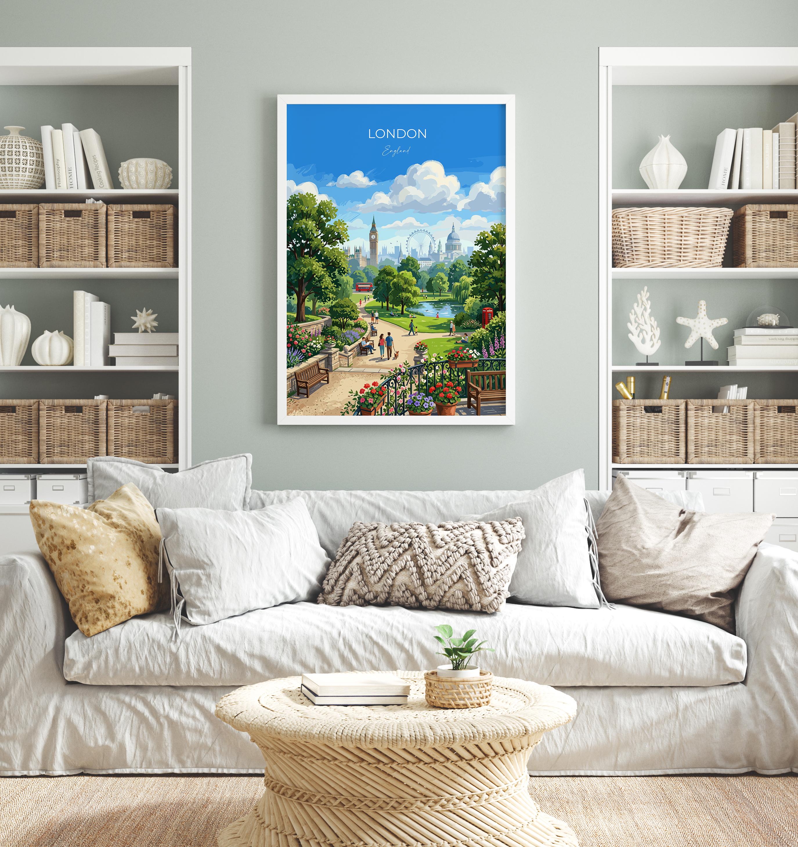 London Skyline Travel Poster, Big Ben & London Eye Wall Art, St Paul’s Cathedral Print, London Park Scene Illustration, Vintage Style UK NQ Media Designs