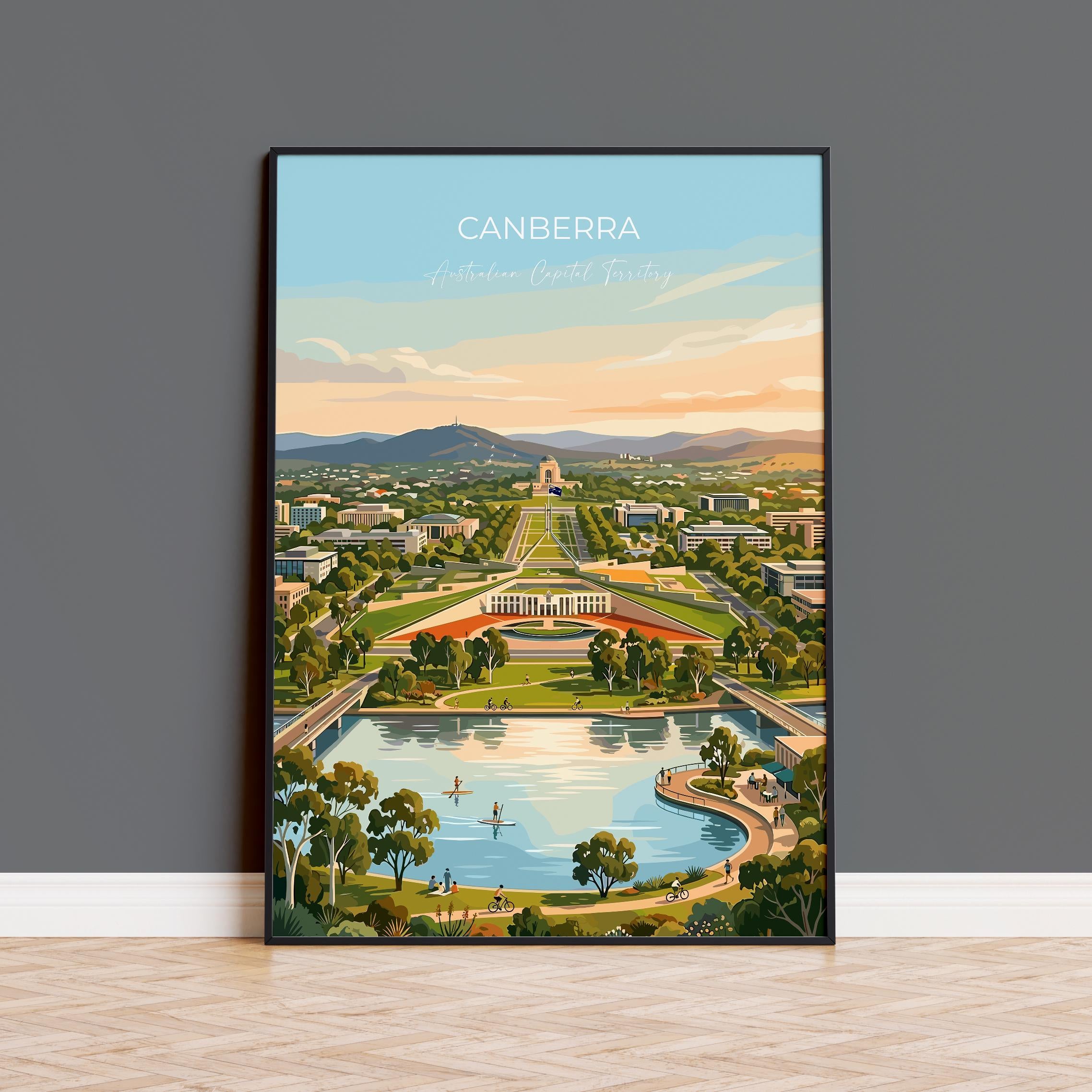 Canberra Australia Travel Poster, Parliament House Wall Art, Australian Capital City Print, Lake Burley Griffin Illustration, Australia Art