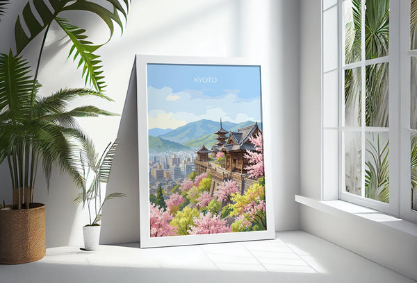 Kyoto Japan Travel Print, Cherry Blossom Temple Wall Art, Japanese Landscape Poster, Sakura Illustration, Asia Decor, Kyoto Gift