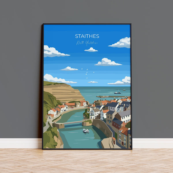 Staithes Travel Poster, Travel Print of Staithes, Yorkshire Gift, England, North Yorkshire Art, Whitby Gift, Wall Art Print