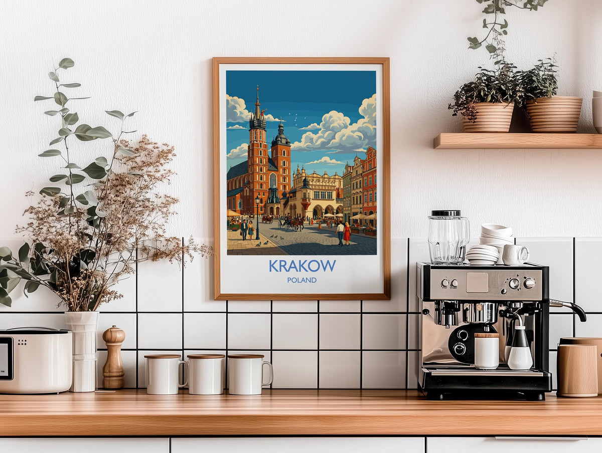 Krakow Poland Print, St Mary’s Basilica Wall Art with Border, Main Market Square Poster, Polish Travel Print, Krakow Gift