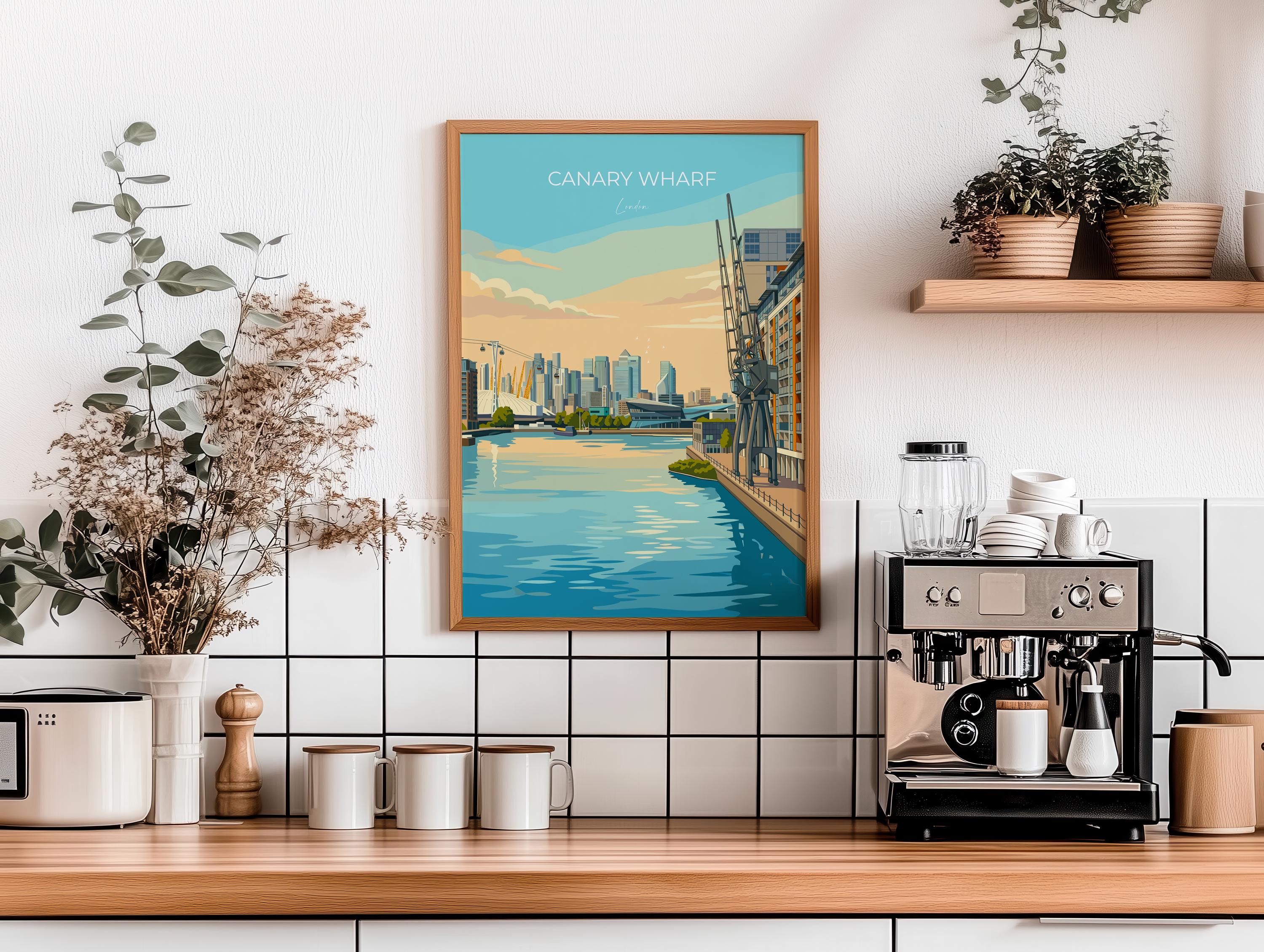 Canary Wharf London Travel Print, Royal Victoria Dock Wall Art, London Skyline Poster, O2 & Cable Car, East London Travel Poster