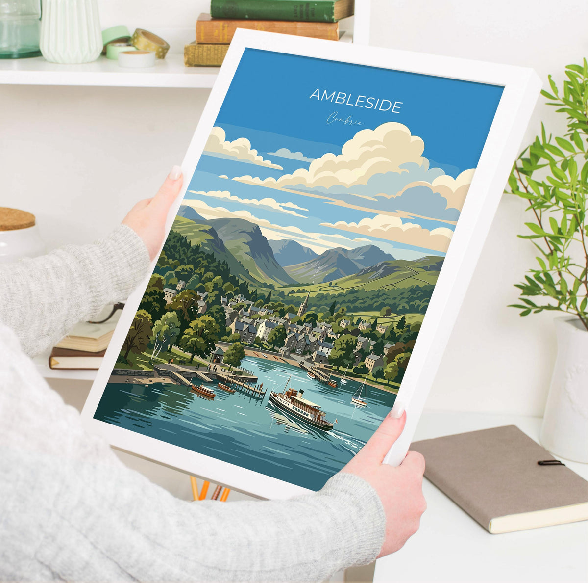 Ambleside Poster, Lake Windermere Wall Art, Cumbria Print, England Travel Poster, Ambleside Gift
