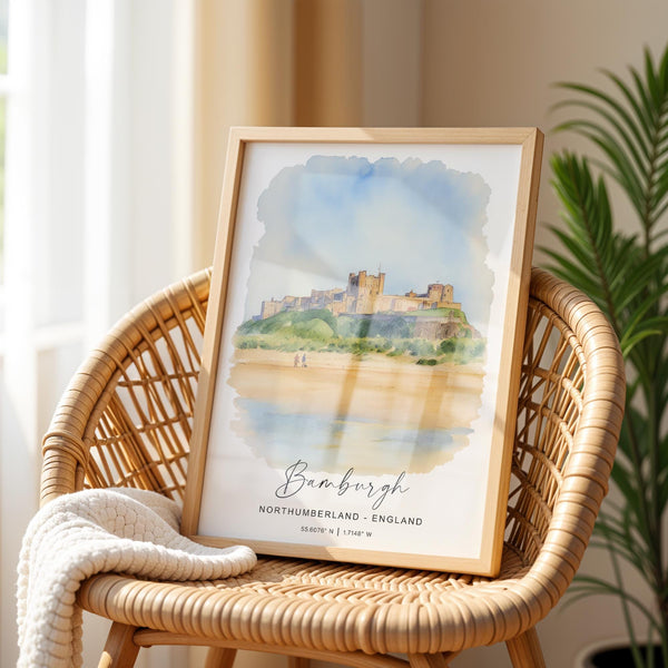 Bamburgh Wall Art Poster, Travel Print of Bamburgh Castle, England, Northumberland Art Gift, Travel Watercolour Gift