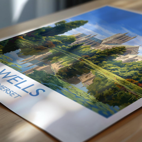 Wells Travel Poster Wall Art, Travel Print of Wells Cathedral England, Somerset Art Lovers Gift, Travel Art Gift