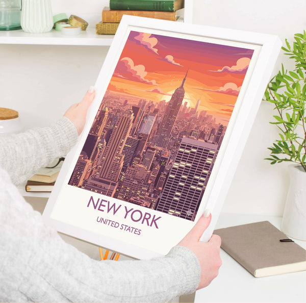 New York City Art Print, Manhattan Sunset Skyline View, Empire State, Travel Poster