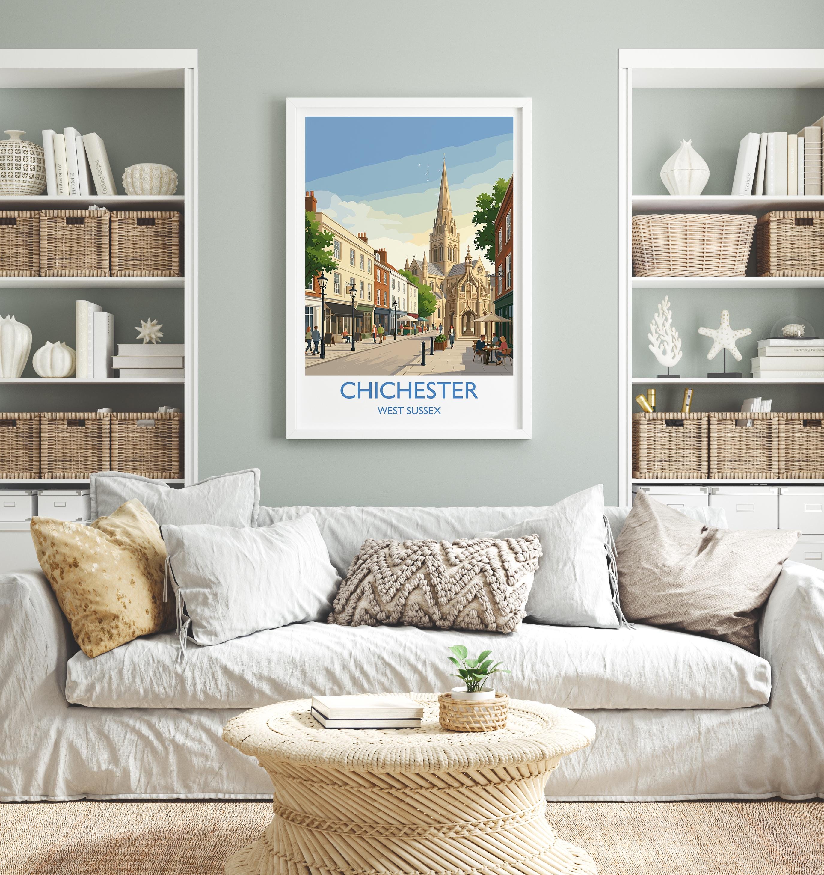 Chichester Cathedral Travel Poster, Chichester High Street Clock Tower Wall Art, West Sussex City Print, Historic England, Vintage Style UK