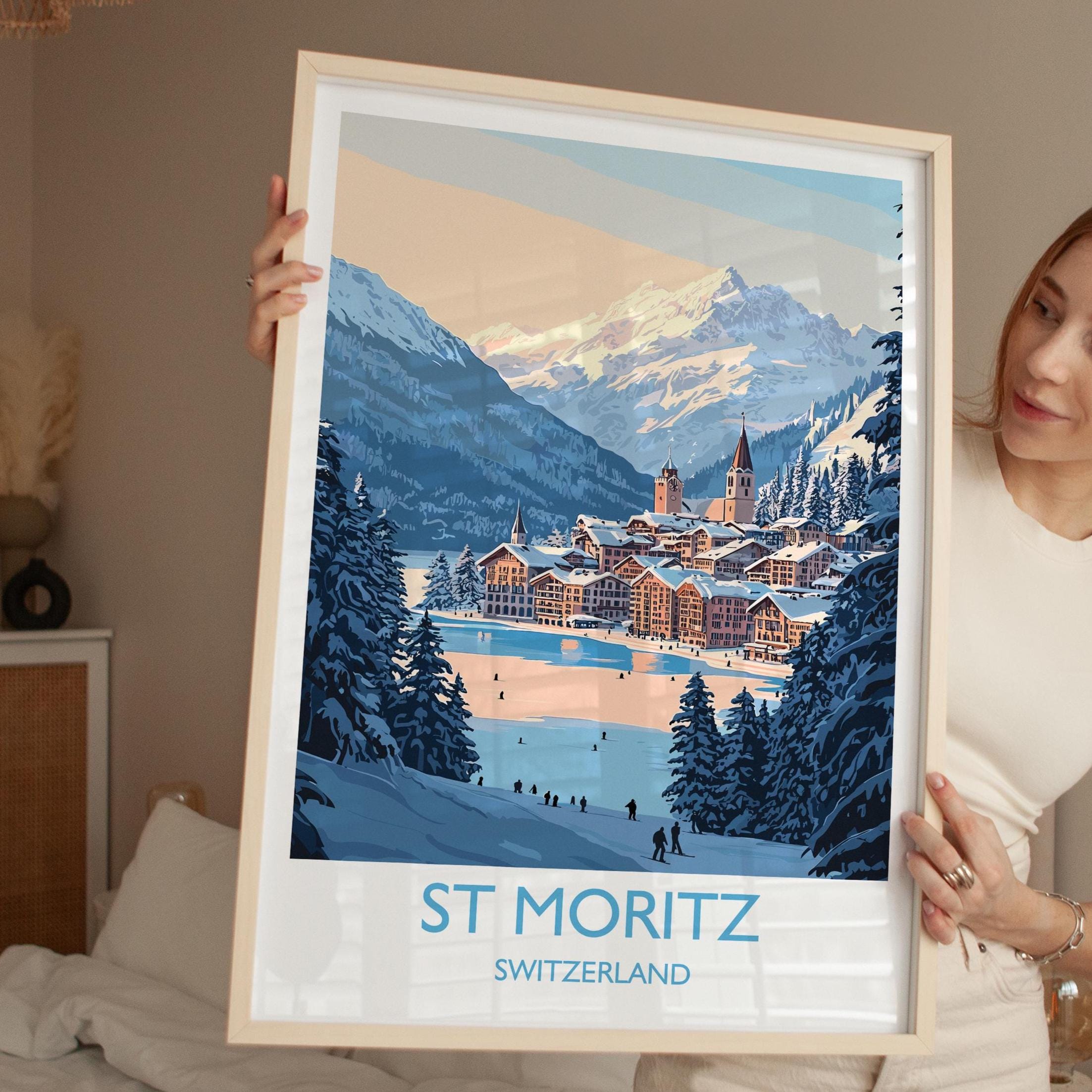 St Moritz Wall Art Travel Poster, Travel Print of St Moritz, Ski Poster, Switzerland Alps Art Travel Lovers Gift NQ Media Designs