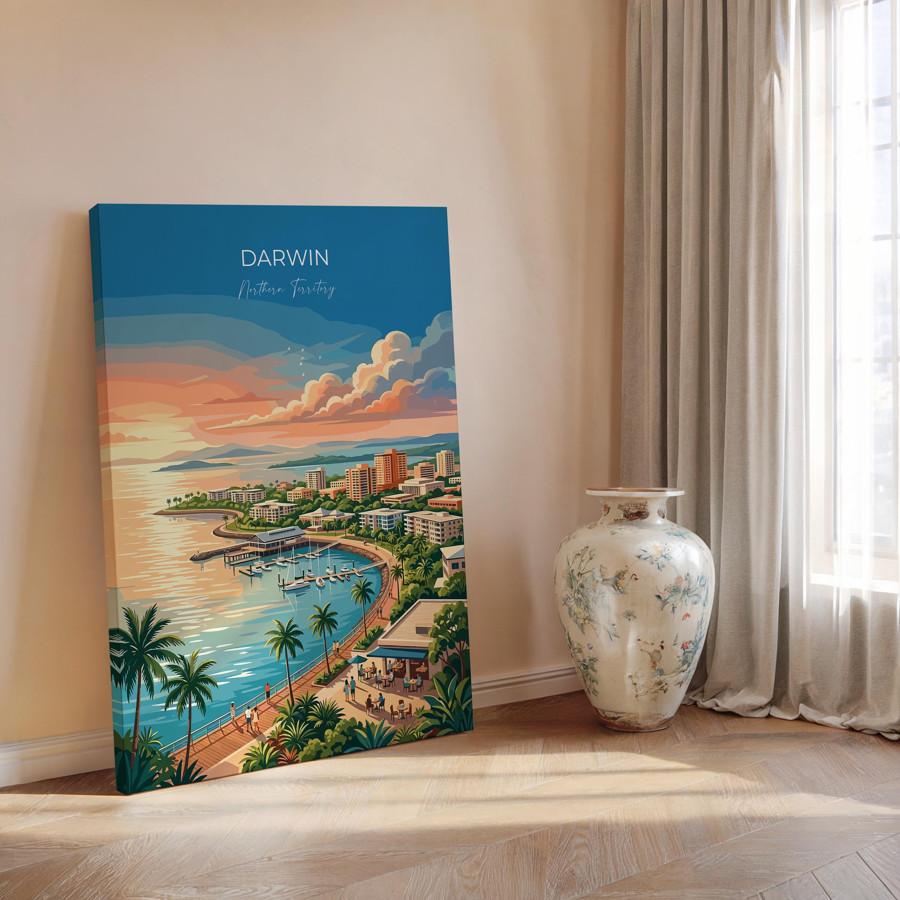 Darwin Australia Travel Print, Darwin Waterfront Wall Art, Northern Territory Poster, Tropical Cityscape Illustration, Australia Art Decor