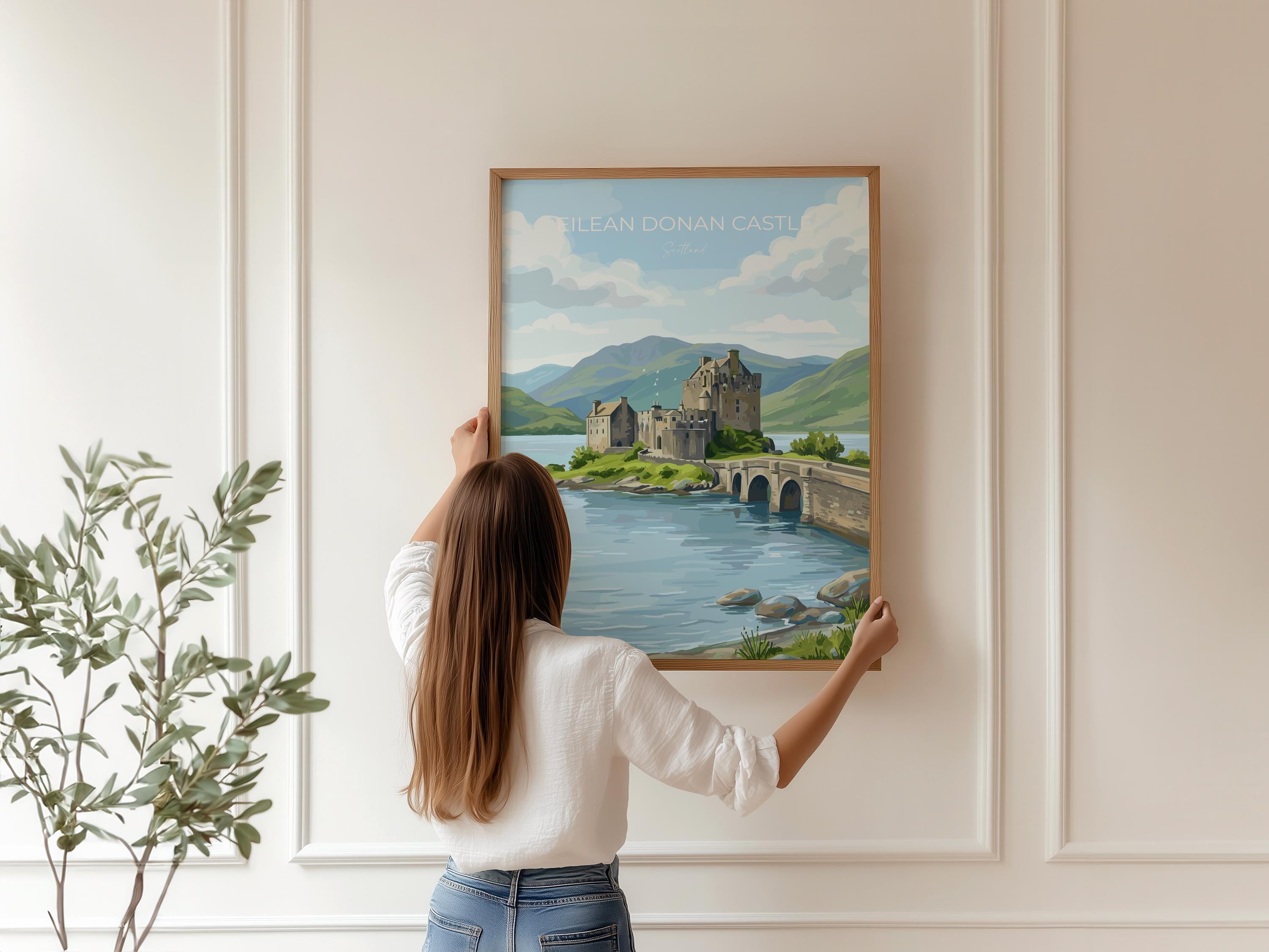 Eilean Donan Castle Scotland Travel Print, Scottish Highlands Castle Wall Art, Landscape Poster, Iconic Scotland Illustration, UK Decor