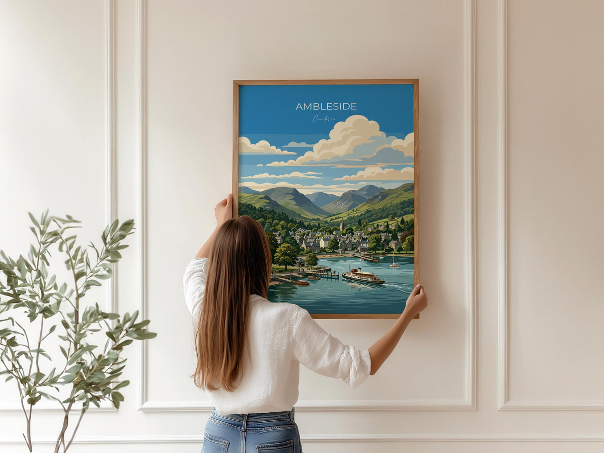 Ambleside Poster, Lake Windermere Wall Art, Cumbria Print, England Travel Poster, Ambleside Gift