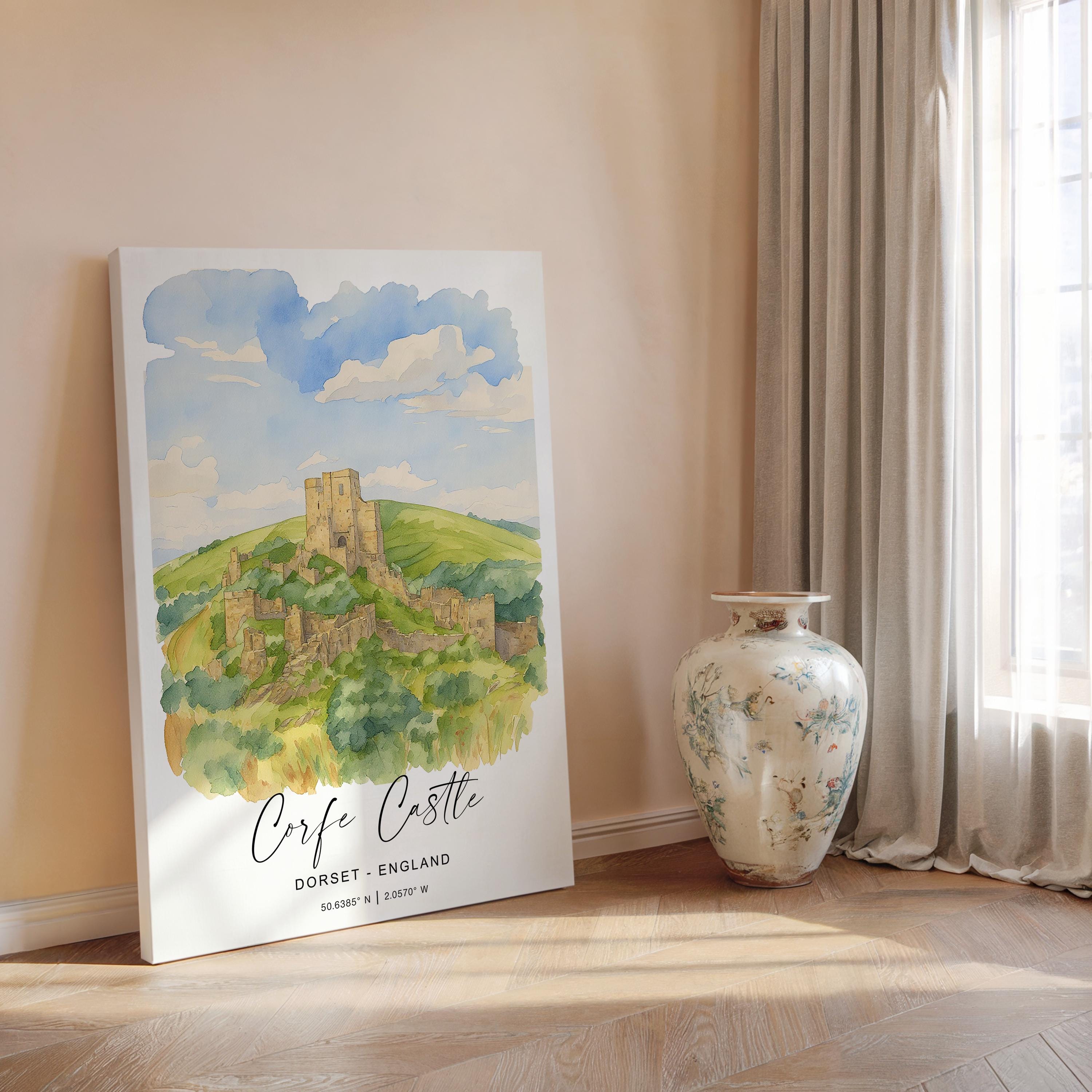Corfe Castle Travel Print, Travel Poster of Corfe Castle, England, Corfe Castle Gift, Dorset Watercolour Gift, Wall Art Print NQ Media Designs