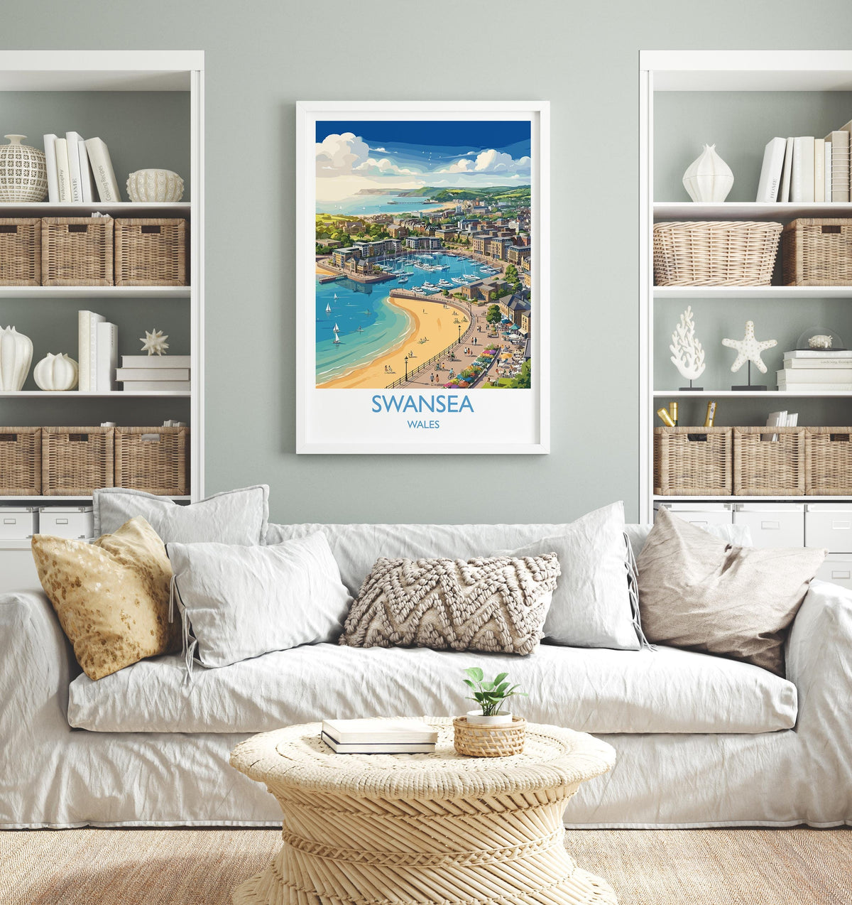 Swansea Print, Mumbles Wall Art with Border, Welsh Coast Poster, Wales Travel Print, Swansea Gift Print