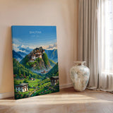 Bhutan South Asia Travel Print Himalayan Mountains Wall Art, Tiger's Nest Monastery Poster, Bhutan Landscape, Vintage Travel Poster