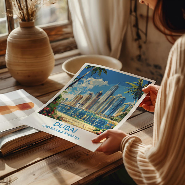 Dubai Travel Print, Travel Poster of Dubai, Dubai Marina Art lovers Gift, UAE Wall Art Gift