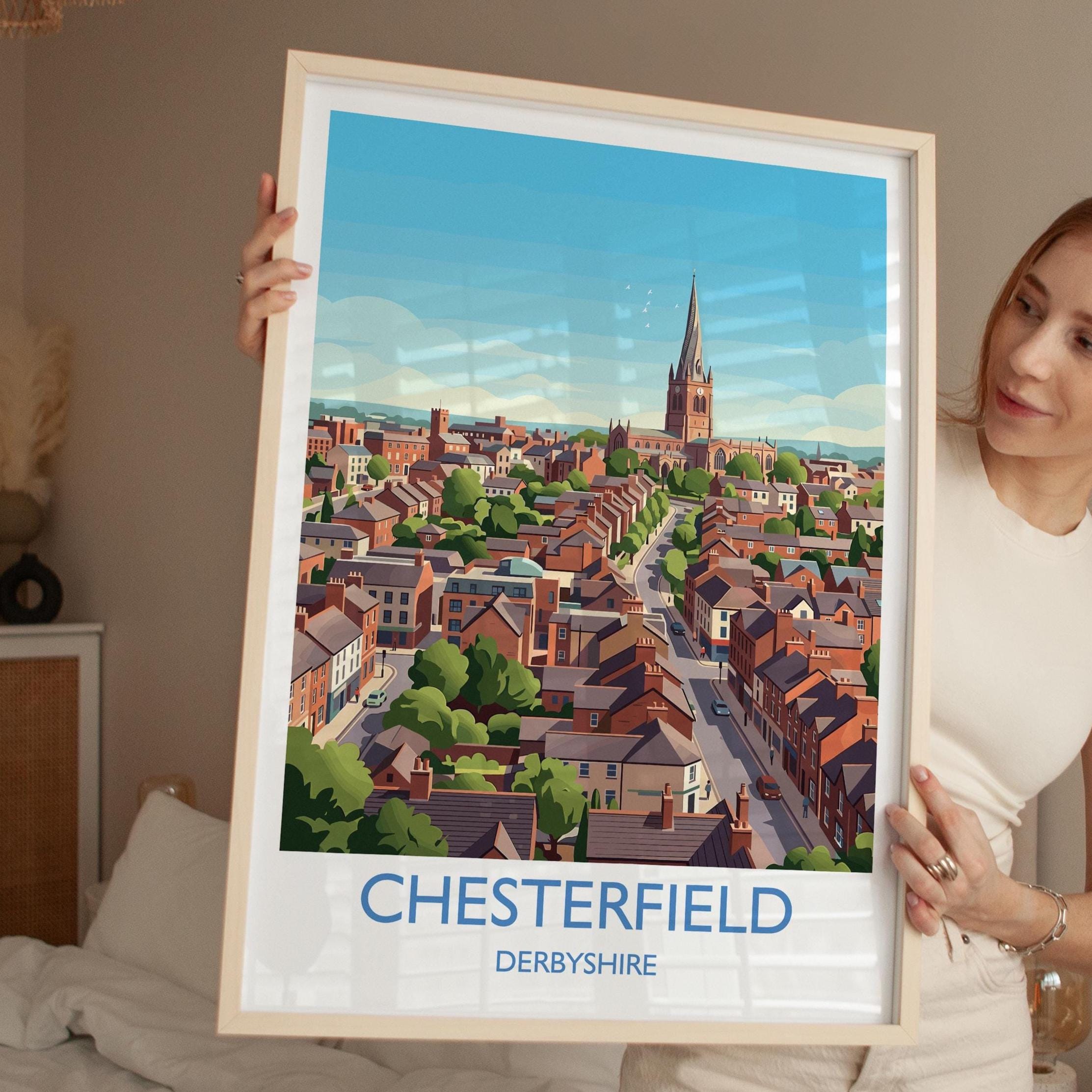 Chesterfield Travel Poster, Crooked Spire Church Wall Art, Derbyshire Town Print, St Marys Church Illustration, Chesterfield Gift NQ Media Designs