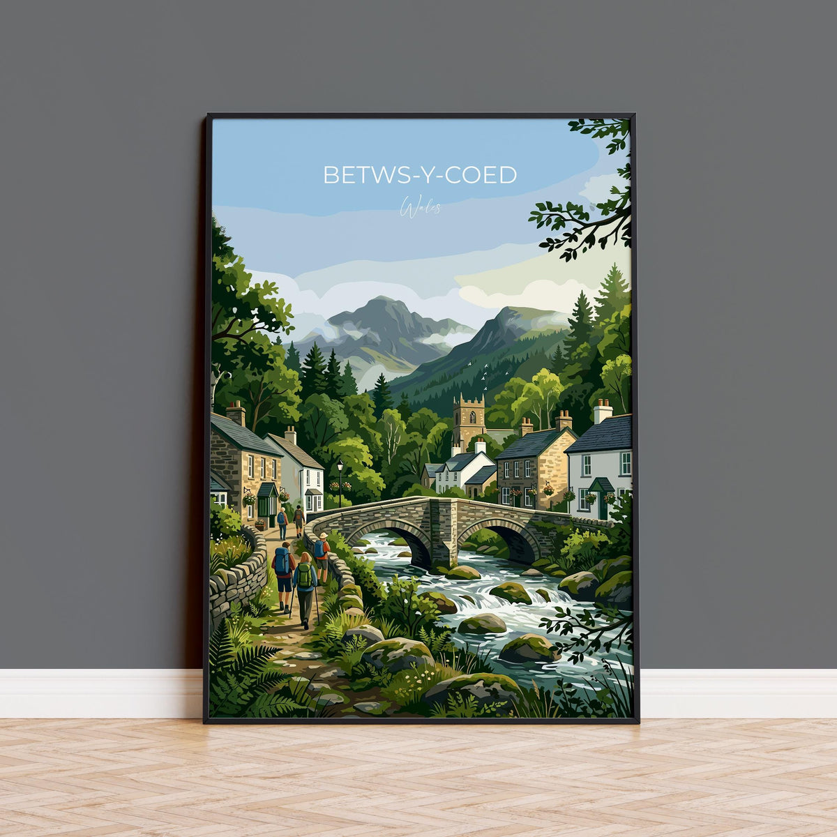 Betws-y-Coed Wales Print, Pont-y-Pair Bridge Poster, Snowdonia Wall Art with Border, Welsh Village Print, North Wales Gift Print