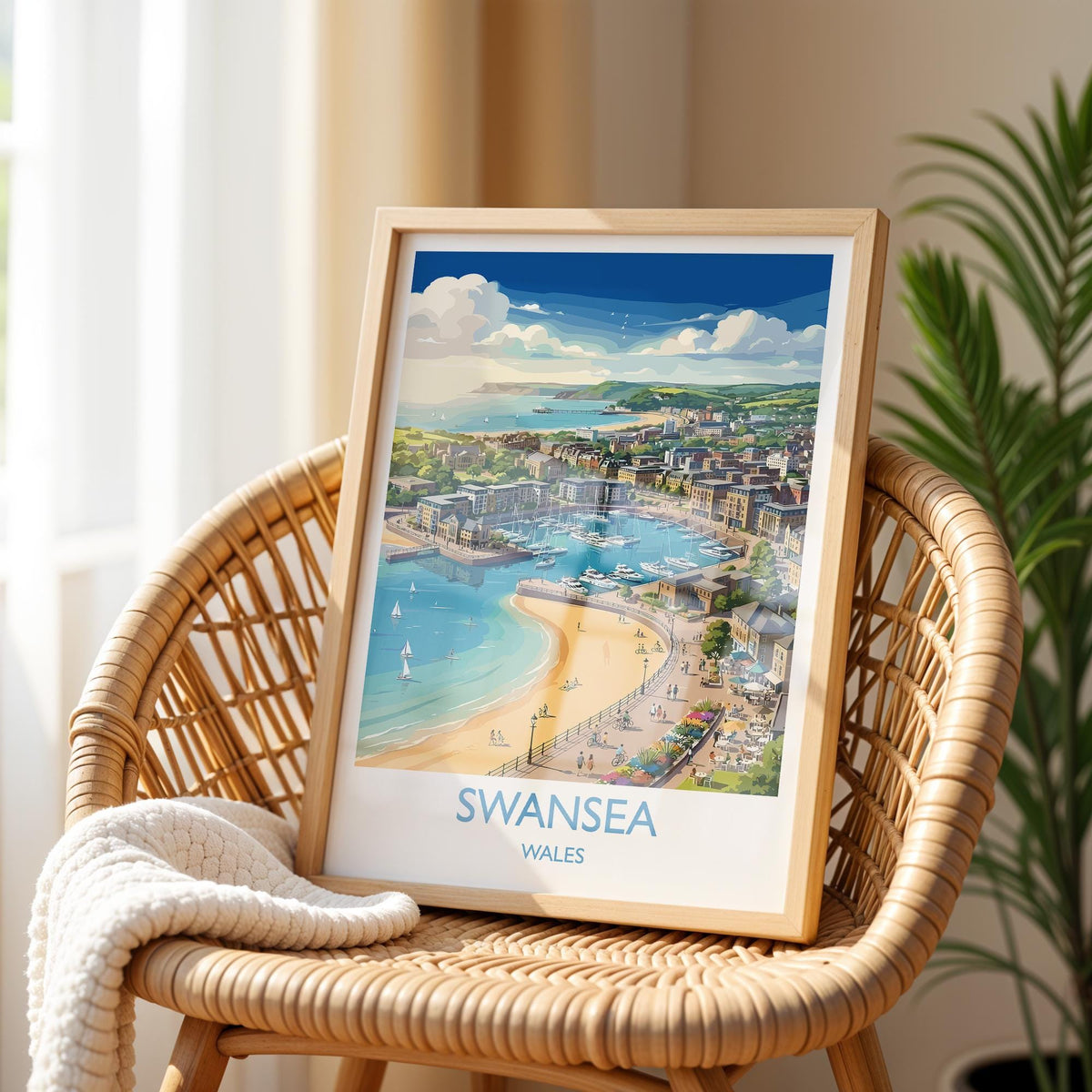 Swansea Print, Mumbles Wall Art with Border, Welsh Coast Poster, Wales Travel Print, Swansea Gift Print