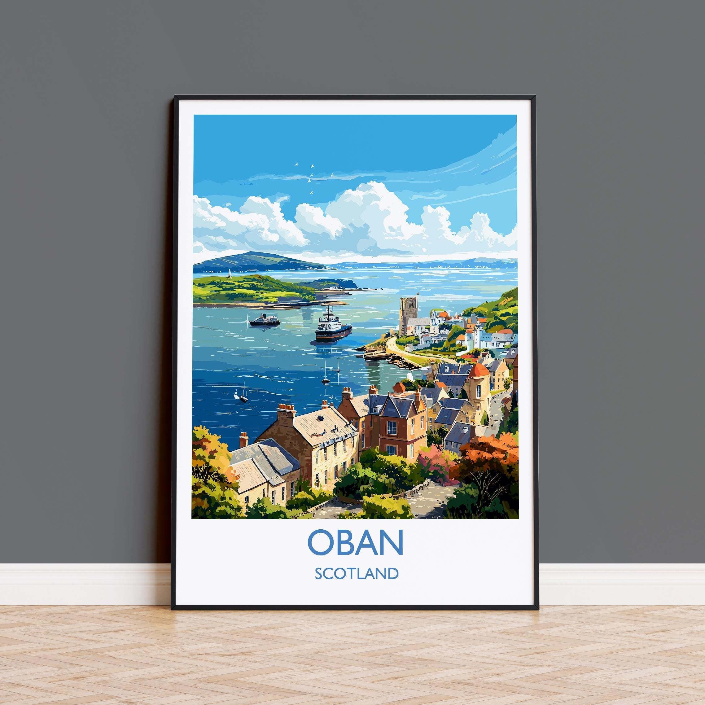 Oban Wall Art Print – Scenic Scotland Travel Poster, Harbour & Coastal Illustration, Gift for Travel Lovers NQ Media Designs