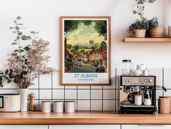 St Albans Travel Poster Wall Art, Travel Print of St Albans, Hertfordshire, England, English Cathedral City Gift