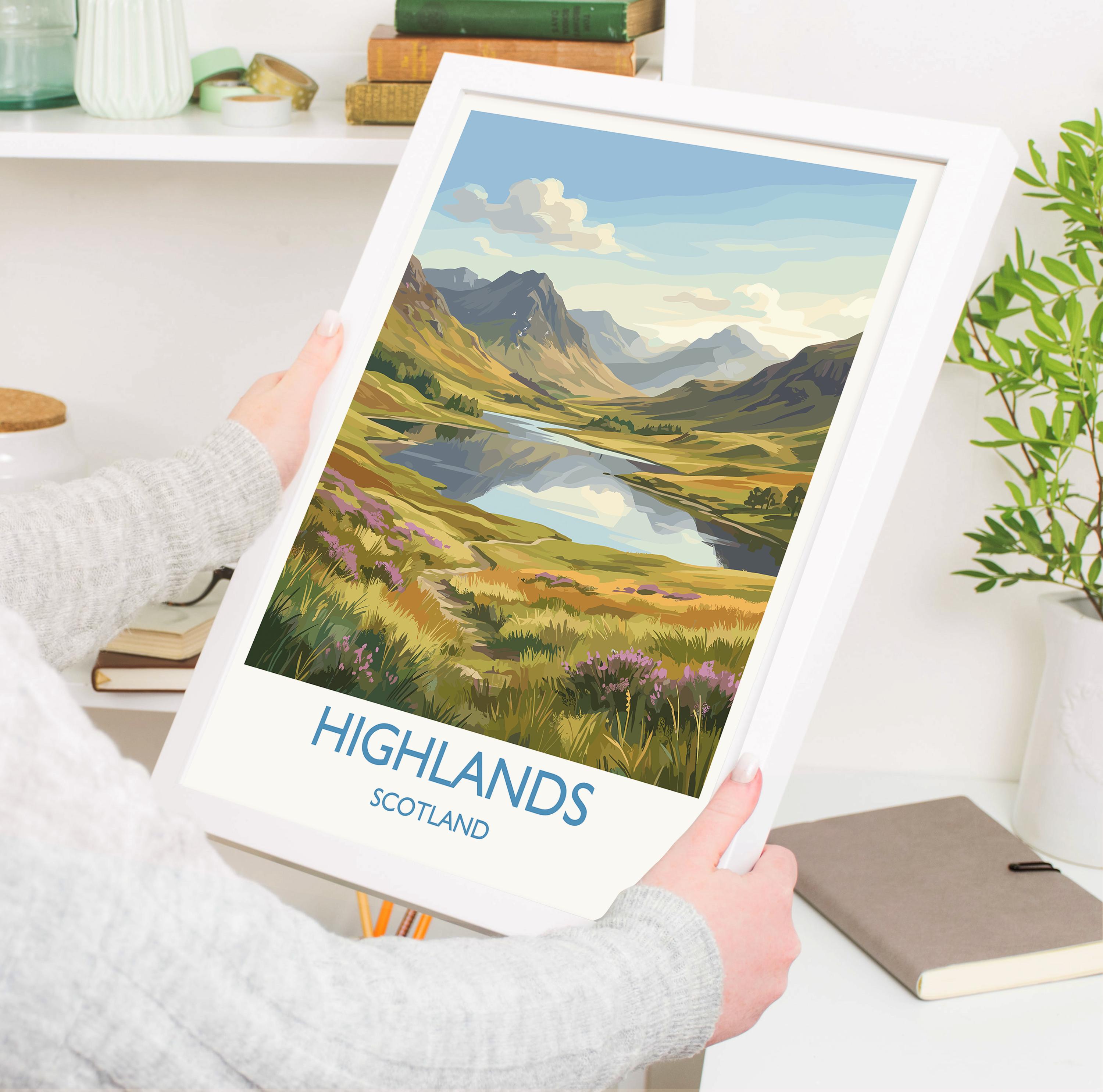 Scottish Highlands Travel Poster, Scotland Landscape Wall Art, Mountain & Loch Print, Dramatic Nature Illustration, UK Decor, Scotland Gift