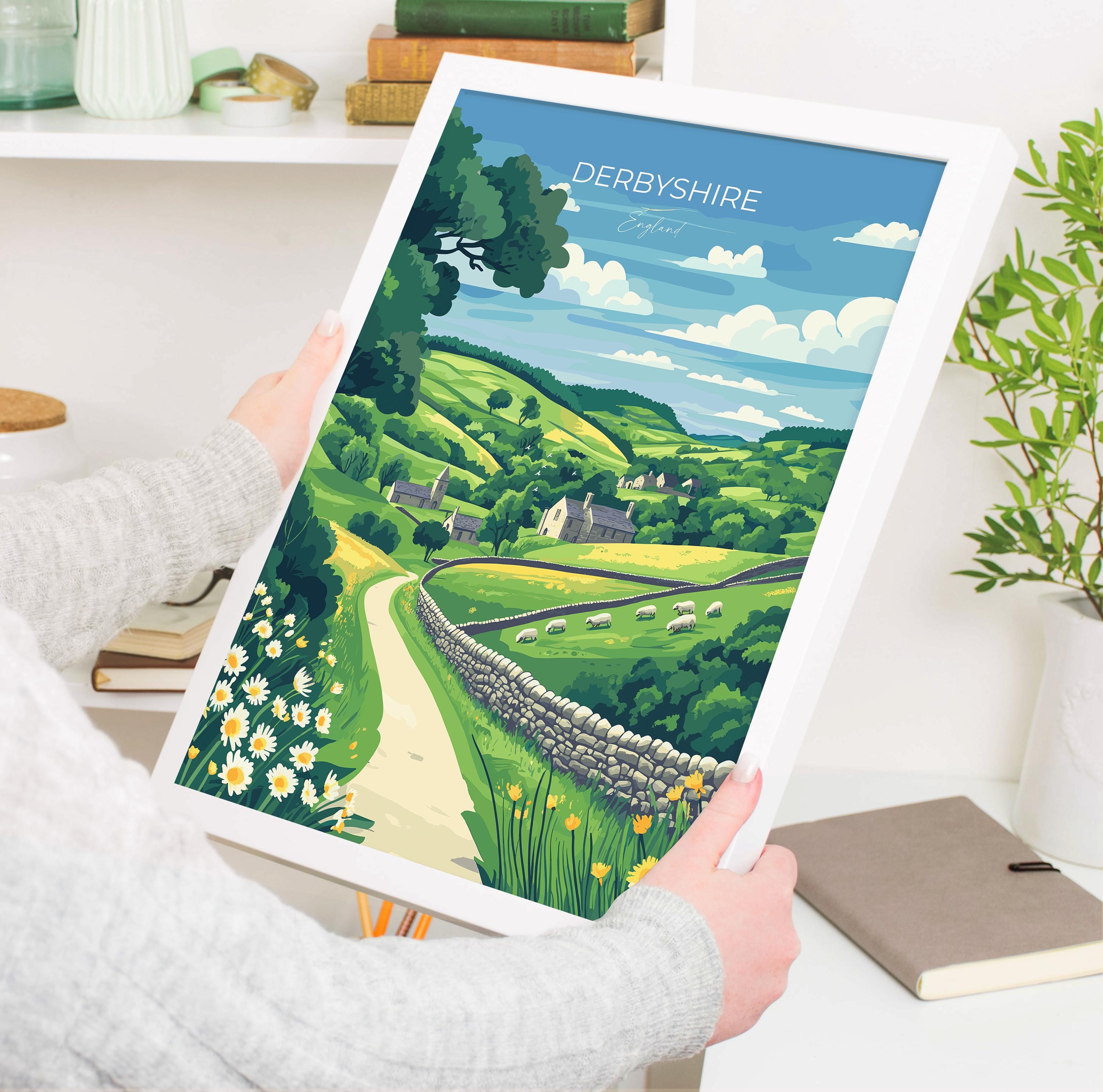 Derbyshire Travel Print Wall Art, Derbyshire Travel Poster, English Countryside Art Gift, Wall Art Print NQ Media Designs