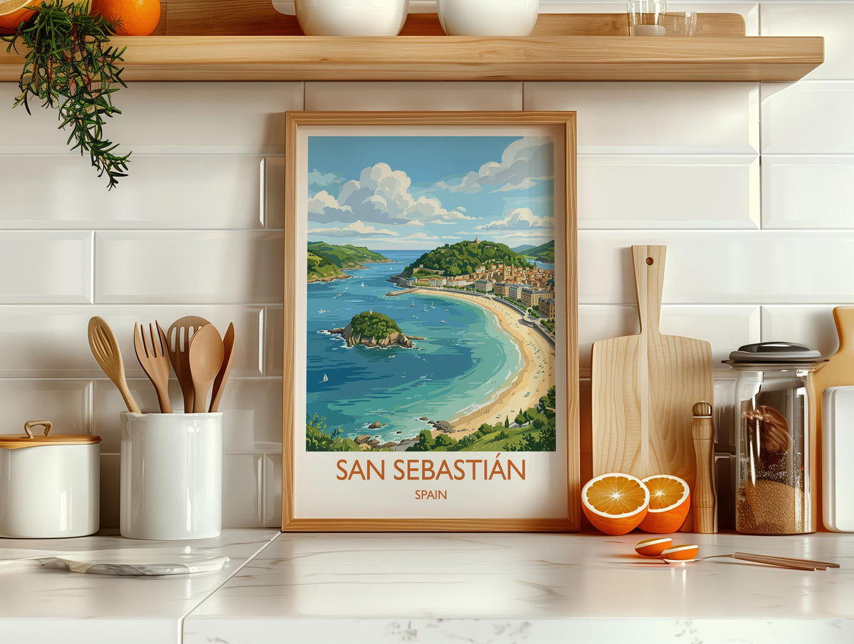 San Sebastian Print, La Concha Wall Art with Border, Basque Coast Poster, Spain Travel Print, San Sebastian Gift Print