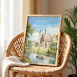 Cambridge Travel Print, Kings College Cambridge Wall Art, River Cam Punting Scene Poster, Historic University Illustration, City Style UK NQ Media Designs