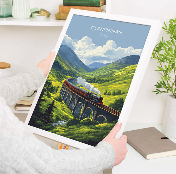 Glenfinnan Viaduct Travel Poster Wall Art, Scottish Highlands Art, Railway Bridge Print, Scotland Landscape, Steam Train Decor Artwork