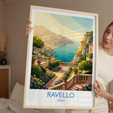 Ravello Italy Travel Poster, Amalfi Coast Wall Art, Mediterranean Cliffside Village Print, Scenic Coastal Illustration, Vintage Style Decor