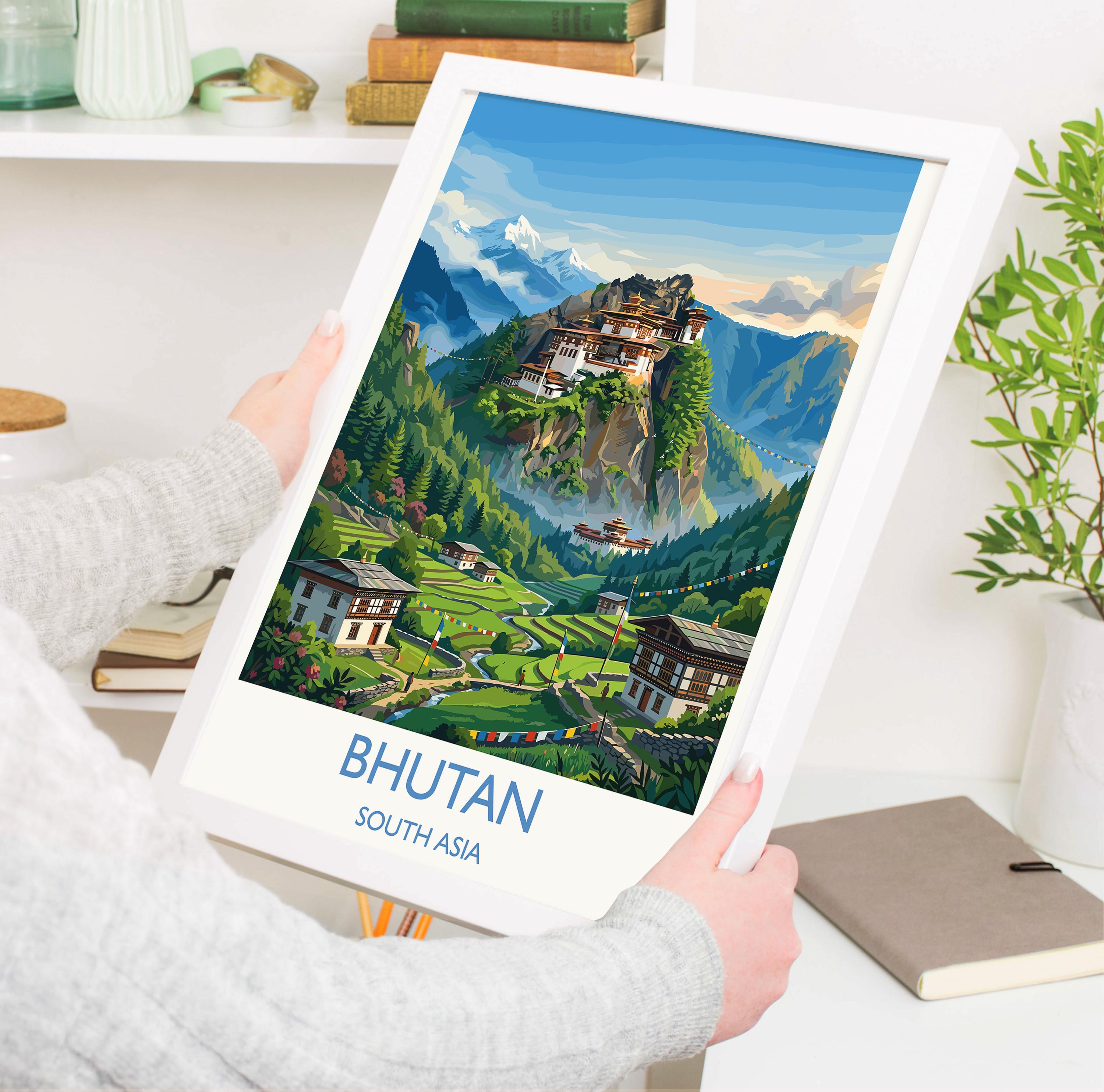 Bhutan South Asia Travel Poster, Himalayan Mountains Wall Art, Tiger's Nest Monastery Print, Bhutan Landscape, Vintage Travel Poster