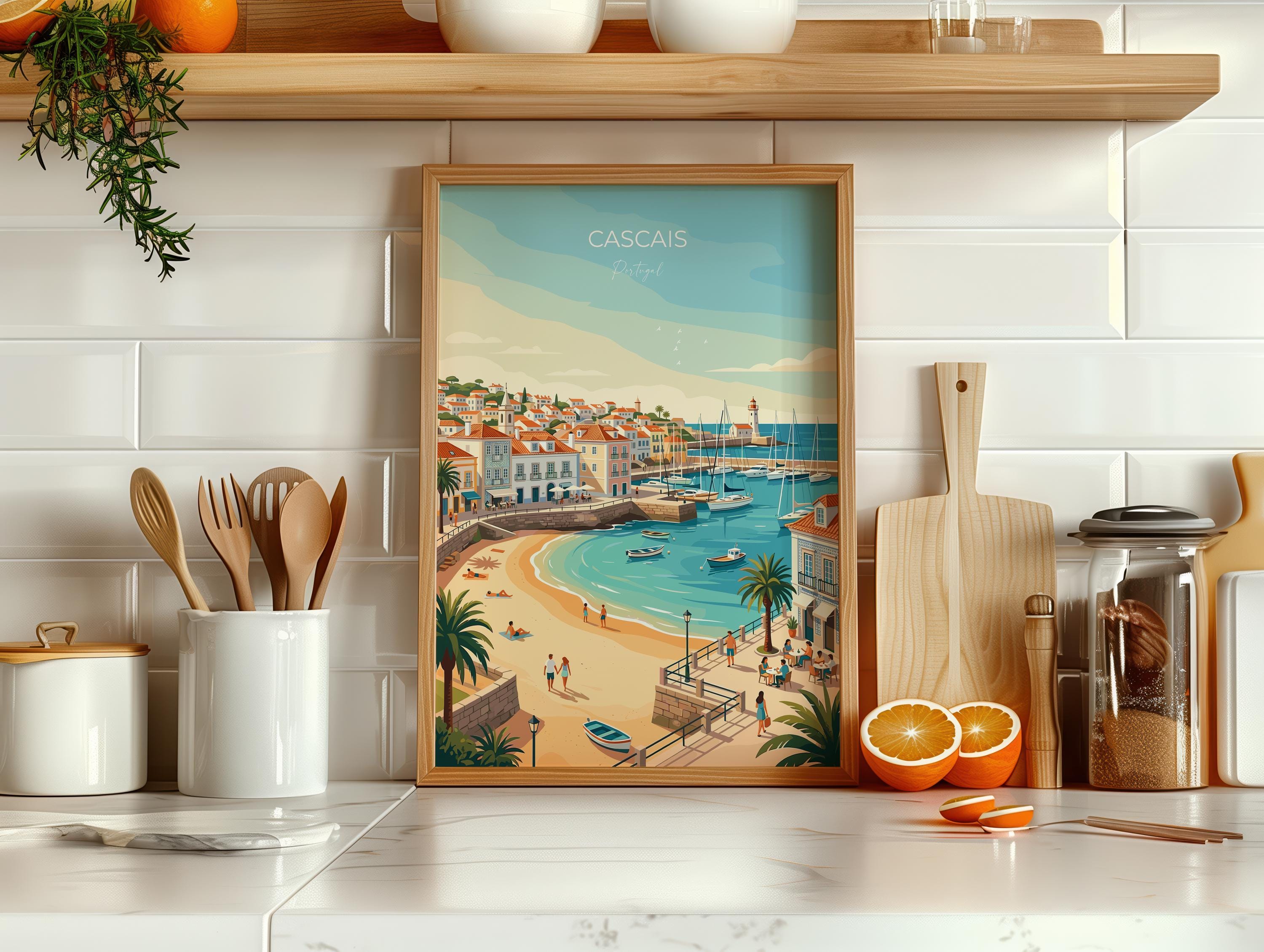 Cascais Portugal Travel Print, Portuguese Coast Wall Art, Seaside Town Poster, Atlantic Ocean Landscape Illustration, Europe Decor