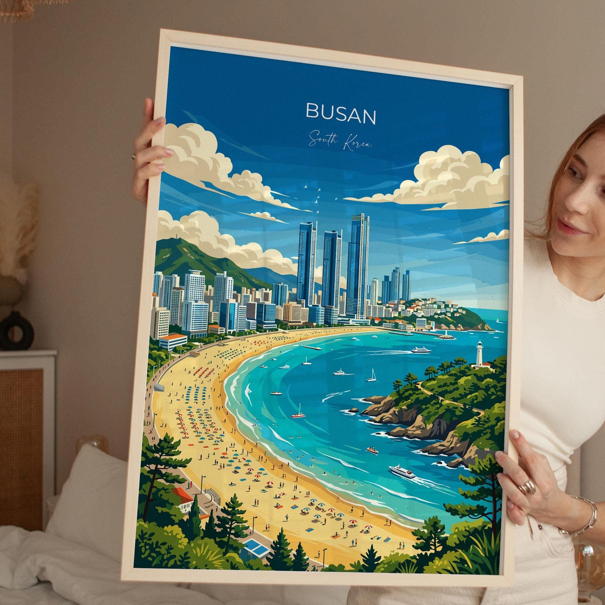 Busan Travel Poster, South Korea Wall Art, Haeundae Beach Print, Coastal Skyline Poster, Busan Gift