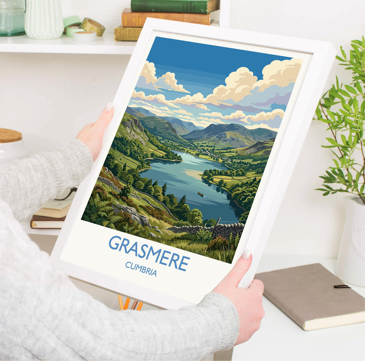 Grasmere Print, Lake District Wall Art with Border, Cumbria Poster, England Travel Print, Grasmere Gift Print