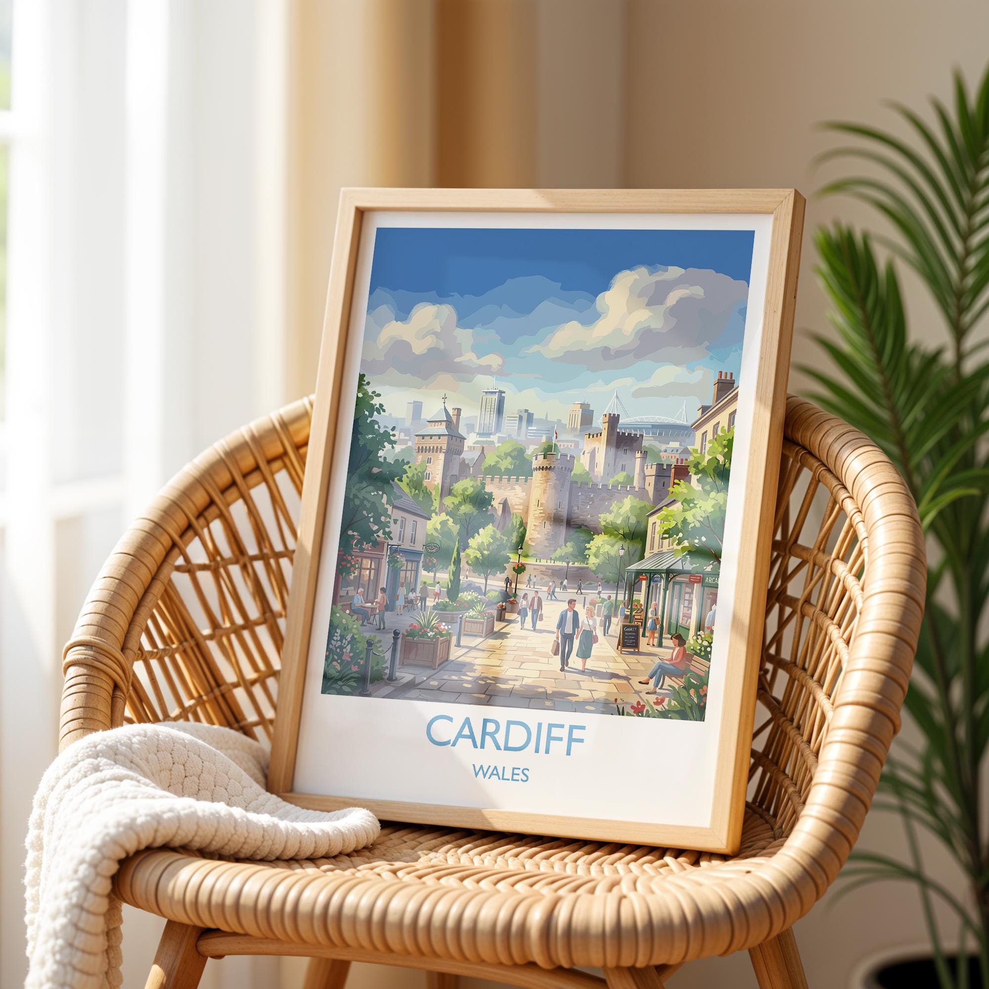 Cardiff Wales Travel Poster, Cardiff City Wall Art, Cardiff Castle Print, Welsh Capital Illustration, Vintage Style UK City, Wales Gift NQ Media Designs